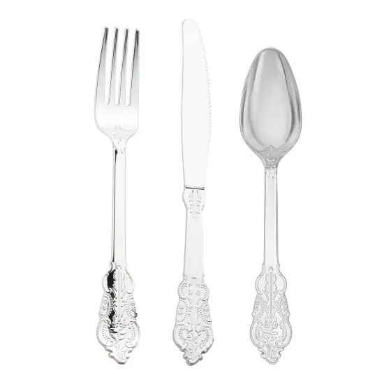 Shiny Metallic Silver Baroque Plastic Cutlery Set (600 Guests) {1}