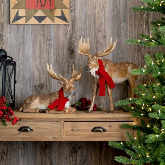 Melrose Carved Winter Moose with Scarf Christmas Tabletop Decoration - 20.5" - Set of 2 Brown {3}