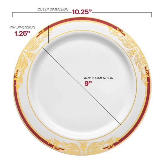 White with Burgundy and Gold Harmony Rim Plastic Dinner Plates - 10.25" (120 Plates) {3}