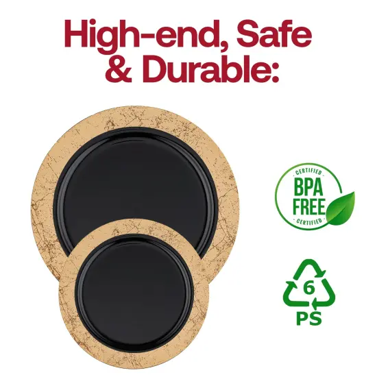 Black with Gold Marble Rim Disposable Plastic Appetizer/Salad Plates - 7.5" (120 Plates) {5}