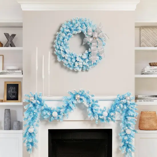 Northlight Pre-Lit Artificial Flocked Pine Christmas Garland - 9' - Sky Blue - Clear Lights {4}