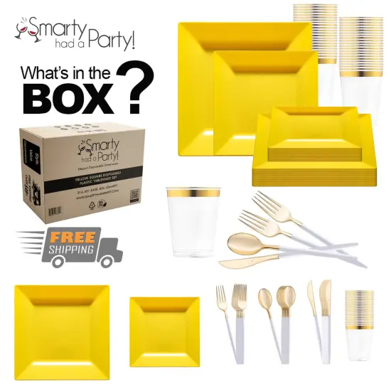 Yellow Square Disposable Plastic Tableware Set (60 Settings) {1}