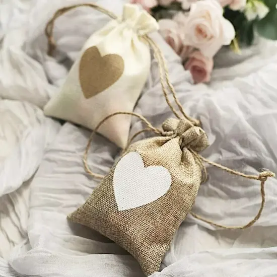 20 Natural Ivory Faux Burlap FAVOR BAGS Heart Design Party Events Decorations {2}