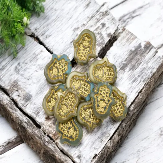 *10* 15x14mm Golden Bronze Washed Matte Beige Aqua Hamsa Hand Beads {1}