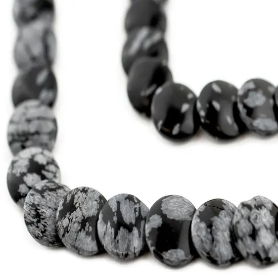 The Bead Chest Flat Round Snowflake Obsidian Beads 12mm Black Gemstone 15 Inch Strand {1}