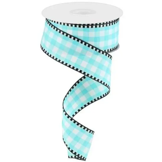 1.5" Gingham Check Ribbon: Turquoise/White (10 Yards) {1}