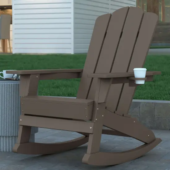 Emma and Oliver Tiverton Adirondack Rocking Chair with Cup Holder, Weather Resistant HDPE Adirondack Rocking Chair Brown {5}