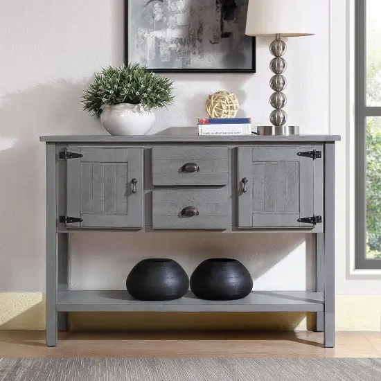 Rustic Wooden Sofa Table with Ample Storage Drawers and Cabinets for Entryway or Dining Room Grey {5}
