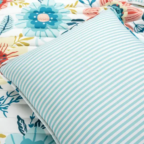 Teal Blue Pink White Polyester 3-Piece Reversible Floral Quilt Set {4}