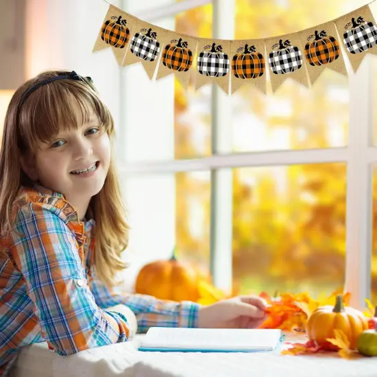 Fall Pumpkin Plaid Banner - White Black Plaid {4}