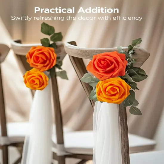 Artificial Flowers, 50 Pcs Shades of Orange Foam Fake Roses Bulk with Stems for Decoration DIY Wedding Bouquets {3}