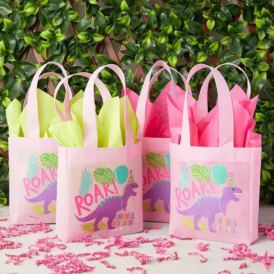 Dinosaur Birthday Party Favor Bags, Small Pink Totes (24 Pack) {4}