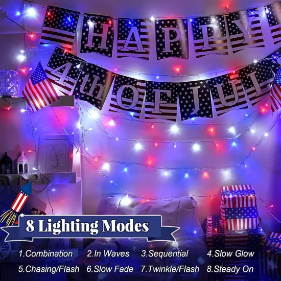 Red White and Blue Lights Outdoor, 32ft 100 LED Patriotic String Lights for 4th of July, Memorial Day, Independence Day Decor, 8 Modes Timer Waterproof Connectable {2}