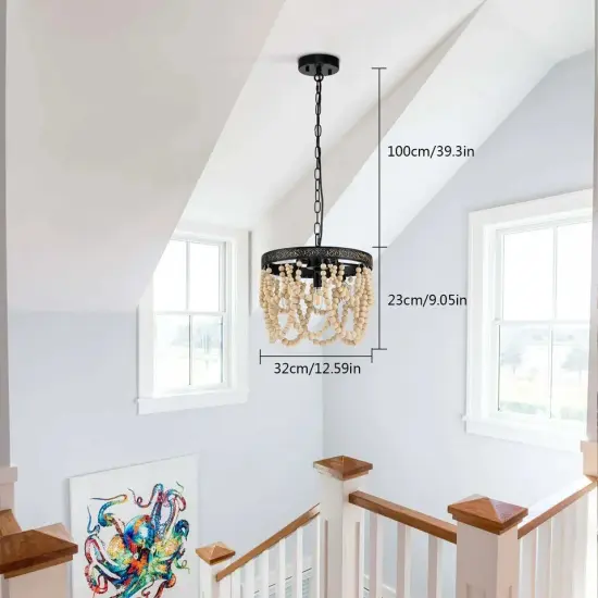 Ceiling Light Wood Beaded Chandelier Farmhouse Chandelier Living Room {4}