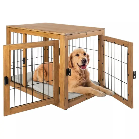 Furniture-Style Dog Crate Acacia Wood Kennel Large Dogs Cage Furniture, Natural {1}