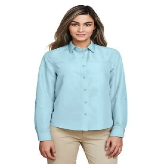Harriton&reg; Ladies Key West Long-Sleeve Performance Staff Shirt Cloud Blue {3}