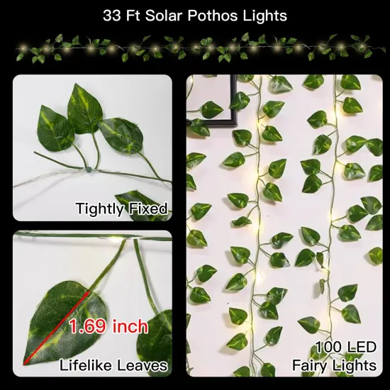 suddus Solar Fairy Lights, 33ft 100 Led Pothos Leaf Solar String Lights Outdoor Waterproof, 8 Modes Vines with Lights for Balcony, Deck, Patio, Garden, Fence,Wedding (Warm White) {4}