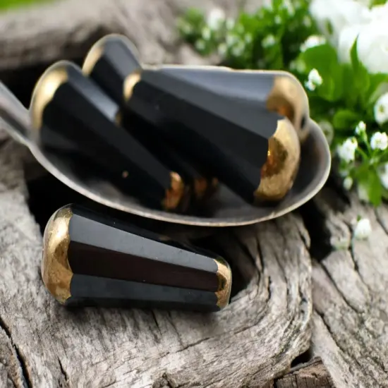 *6* 8x20mm Bronze Tipped Jet Black Faceted Drop Beads {1}