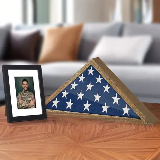 Americanflat Small Flag Display Case for Burial Flag - Fits Folded Flag - Elegant Military Flag Display Case - Plexiglass Cover - Triangle Hanging Hardware - Brown {6}