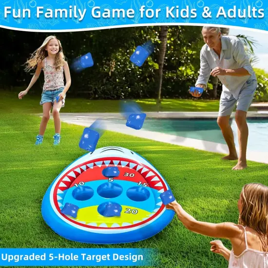 Inflatable Pool Shark Cornhole Game Set with Upgraded 5 Holes & 5 Bean Bags, Floating Swimming Pool Ring Toss Toys for Kids Adults Family for Summer Pool Party Beach Luau Game Water Carnival {5}