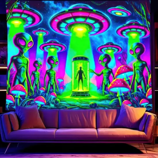 Alien Blacklight Tapestry UFO Black Light Hanging Backdrop Glow in The Dark Poster Wall UV Tapestry {2}
