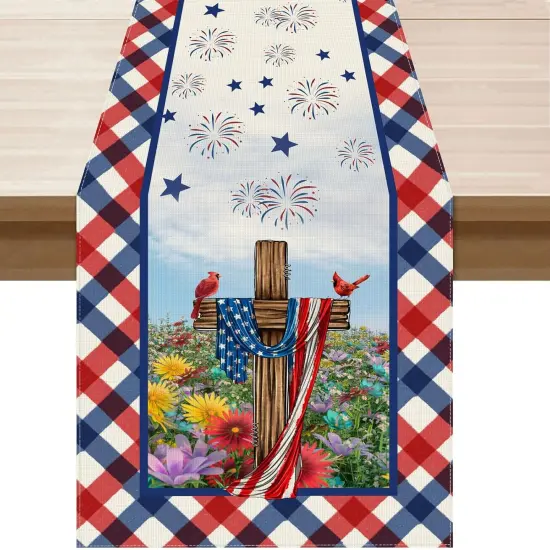 Flowers Cardinals Birds Stars Patriotic 4th of July Memorial Day America Independence Day Table Runner Decoration for Home Kitchen Holiday Party {1}