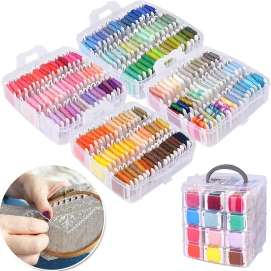 Embroidery Thread Kit Including 200 Skeins Embroidery Floss 30 Skeins White & Black Embroidery Thread Cross Stitch Tool for Friendship Bracelets Arts DIY Crafts with 4-Tier Transparent Box {3}