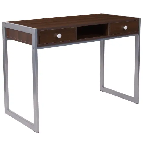 Emma and Oliver Dark Wood Grain Finish Desk with Two Drawers and Silver Metal Frame {1}