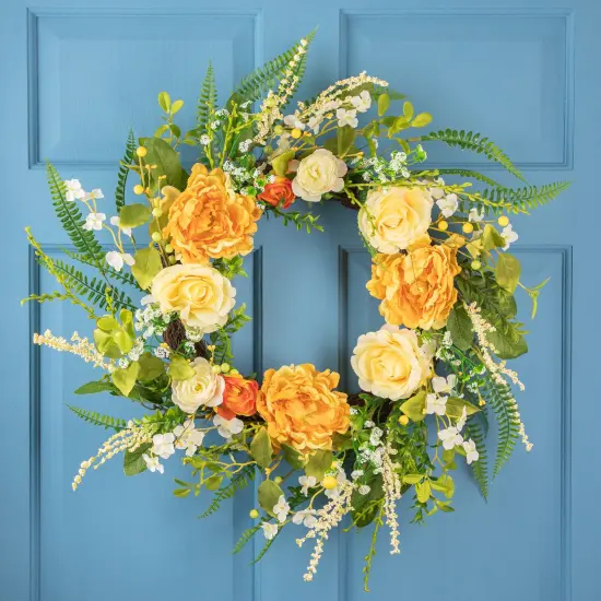 Northlight Hydrangea and Rose Artificial Floral Wreath - 24" - Yellow {1}