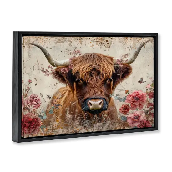 Stupell Industries Highland Cow in Spring Floater Framed Canvas Wall Art Design by LSR Design Studio {9}