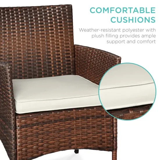 Best Choice Products 3-Piece Outdoor Wicker Conversation Patio Bistro Set, w/ 2 Chairs, Table Brown/White Sand {4}