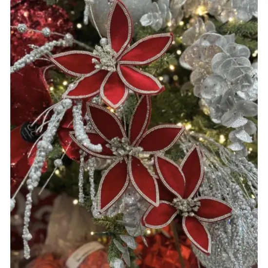 24" Triple Velvet Jewel Poinsettia Stem: Red {4}