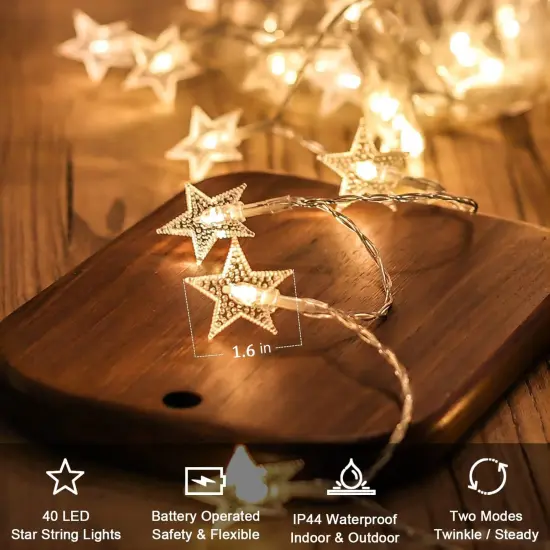 Star String Lights Battery Operated - 20 FT, 40 LED (Warm White) {3}