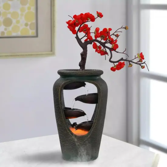 Flower Vase Waterfall Table Top LED Light Indoor Water Fountain FengShui Decor {5}