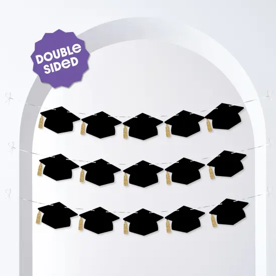 Big Dot of Happiness Graduation Cap Garland Banner, High School or Elementary Grad Photo Backdrop, 10 Feet of Cord, 15 Black Hats with Gold Tassels {3}