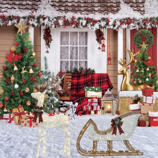 Silver Cotton Thread Deer and Sleigh Set 48" Deer & 38" Sleigh Decor {4}