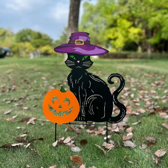 Metal Black Cat Halloween Garden Stakes,Silhouette Statues with Witch Hats {4}