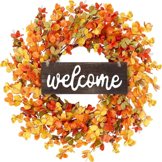 Fall Wreath - Autumn Front Door Wreath with Small Pumpkin, Berry, Round Leaves {1}
