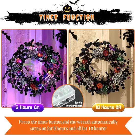 40 LED Light Up Halloween Wreath - Orange Purple Green Halloween - Bright Style {5}