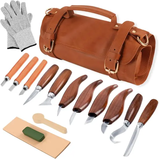 Deluxe Wood Carving Tools with Large Leather Case {1}