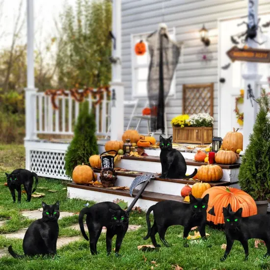 6ct Black Cat Decor Yard Signs with Stakes, Scary Silhouette with 3D Visual Furs {3}