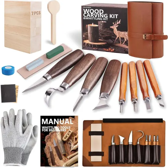 Deluxe Wood Carving Tools Set with Leather Case {1}