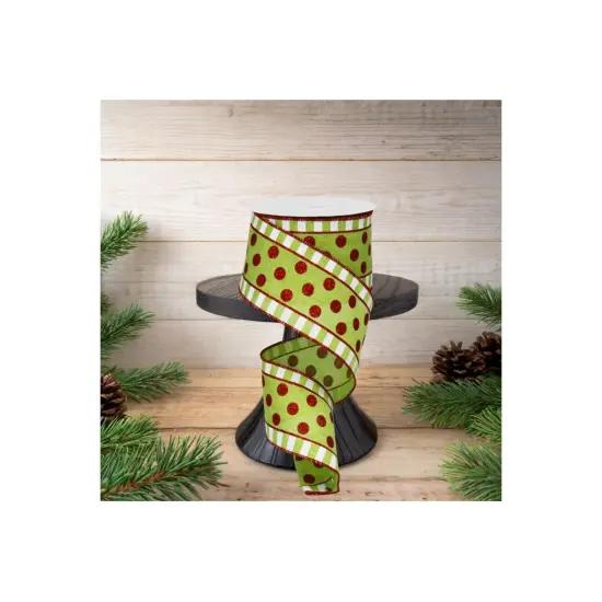 2.5in Dots & Stripes Glitter Ribbon: Lime Green, White, Red (10 Yards) {3}