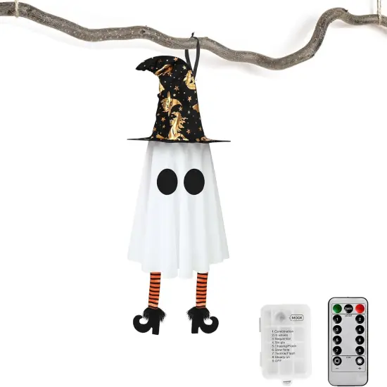1 Pack Halloween Hanging Ghosts with Witch Hat - White {4}