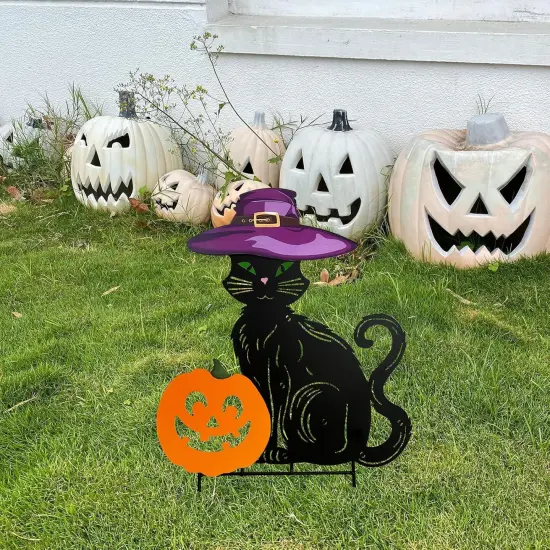 Metal Black Cat Halloween Garden Stakes,Silhouette Statues with Witch Hats {2}