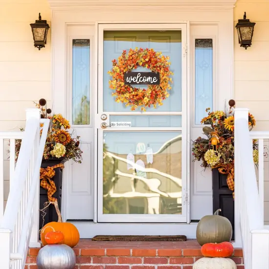 Fall Wreath - Autumn Front Door Wreath with Small Pumpkin, Berry, Round Leaves {2}