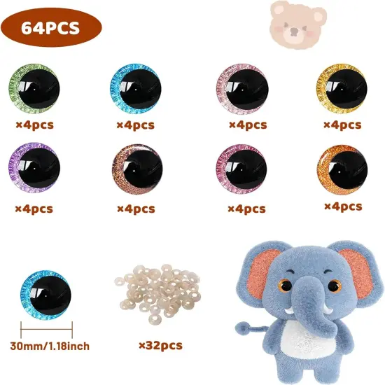 64 Pcs Glitter Safety Eyes 30mm (8 Colors) {2}