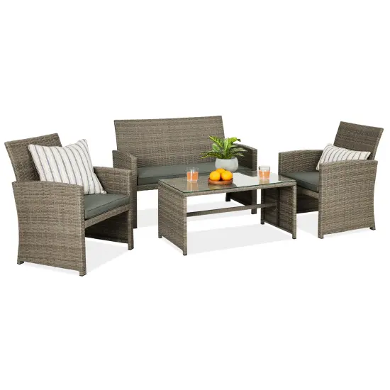 Best Choice Products 4-Piece Outdoor Wicker Patio Conversation Furniture Set w/ Table, Cushions Taupe/Slate Green {1}