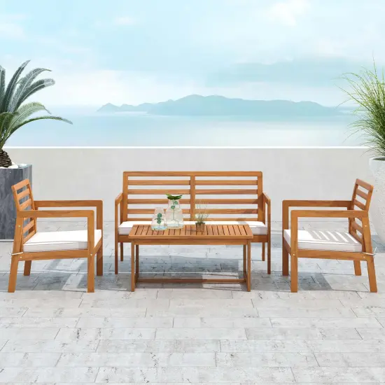 Costway 4 PCS Wood Patio Furniture Set with Soft Seat Cushions Solid Acacia Wood Frame {5}