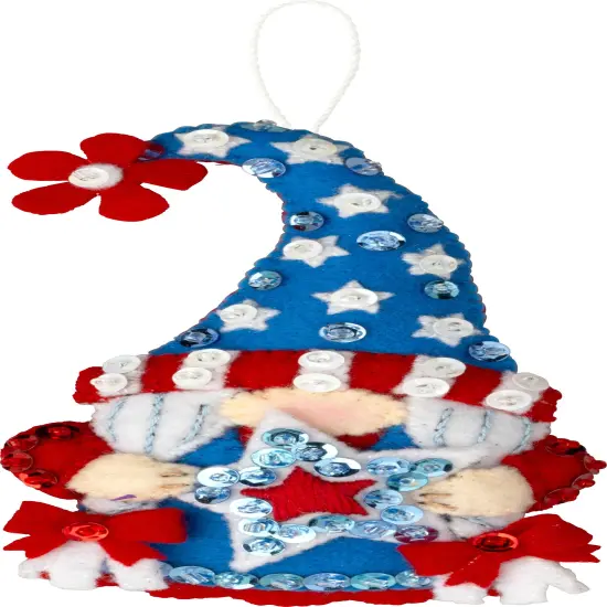 Bucilla Felt Ornaments Applique Kit Set Of 4-Red, White & Blue Gnomes {7}
